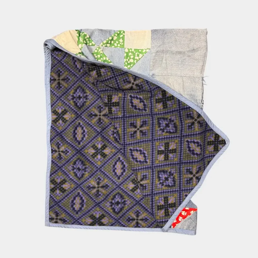Vtg Handmade Quilt y2k Denim and Cotton 54”x70” Multicolor 8 Pointed Star